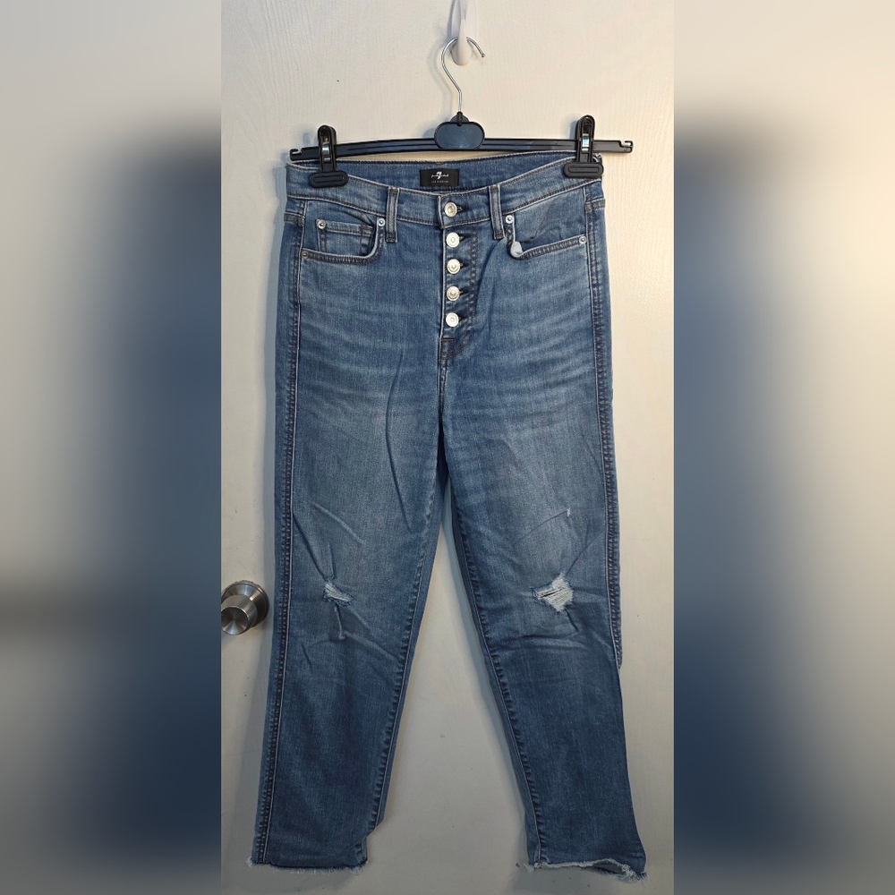 *2 FOR $30* 7 FAM Medium Blue High Waist Cropped Straight Button-Fly Jeans